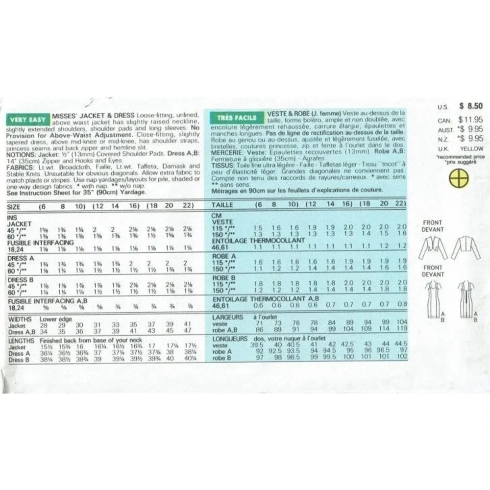 Butterick Sewing Pattern‎ 6240 Jacket Dress Misses Size 6-10 UNCUT